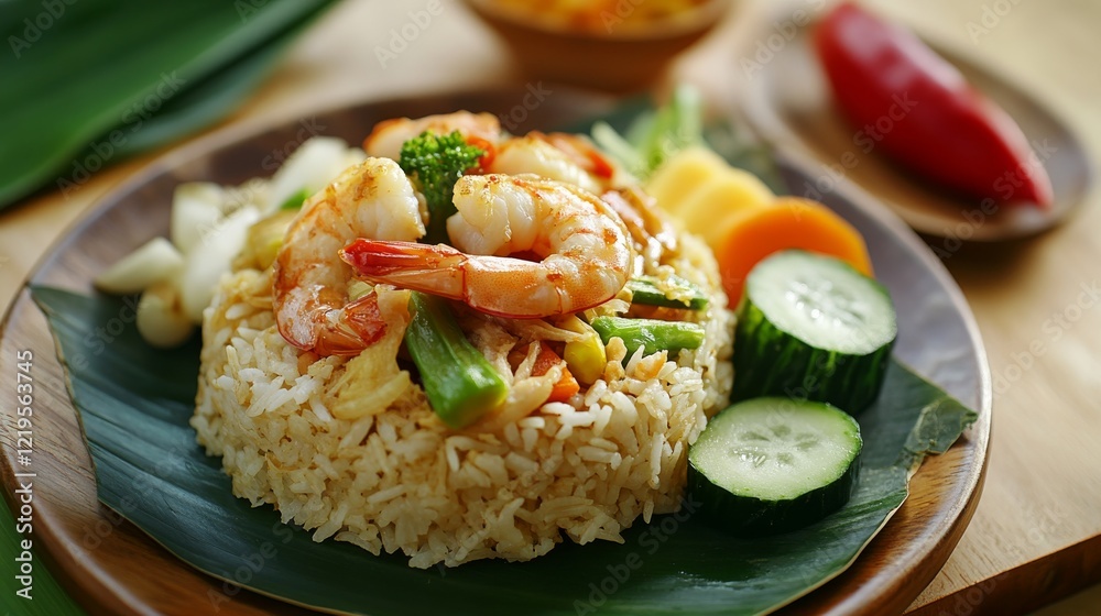 Image of rice and Indonesian nasi goreng with shrimp and vegetables in a traditional Indonesian plate, emphasizing savory and aromatic qualities. Ideal for Indonesian cuisine and street food. Image of rice and Indonesian nasi goreng with shrimp and vegetables in a traditional Indonesian plate, emphasizing savory and aromatic qualities. Ideal for Indonesian cuisine and street food.