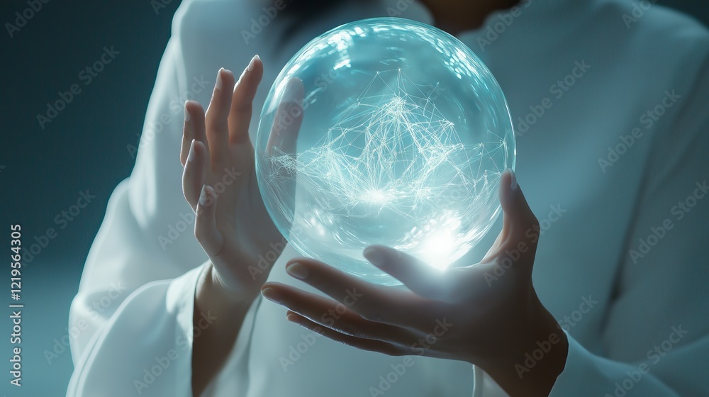 Businesswoman holding a futuristic glowing digital sphere, symbolizing global connections, artificial intelligence, and data visualization, Generative AI Businesswoman holding a futuristic glowing digital sphere, symbolizing global connections, artificial intelligence, and data visualization, Generative AI