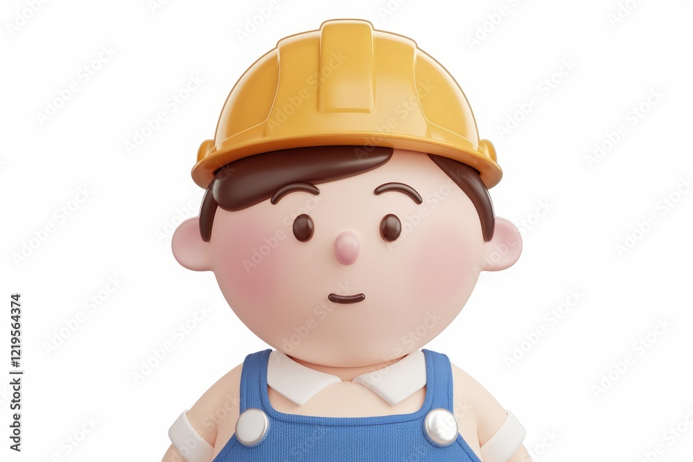 A cute 3D rendered cartoon construction worker wearing a yellow helmet and blue overalls. A cute 3D rendered cartoon construction worker wearing a yellow helmet and blue overalls.