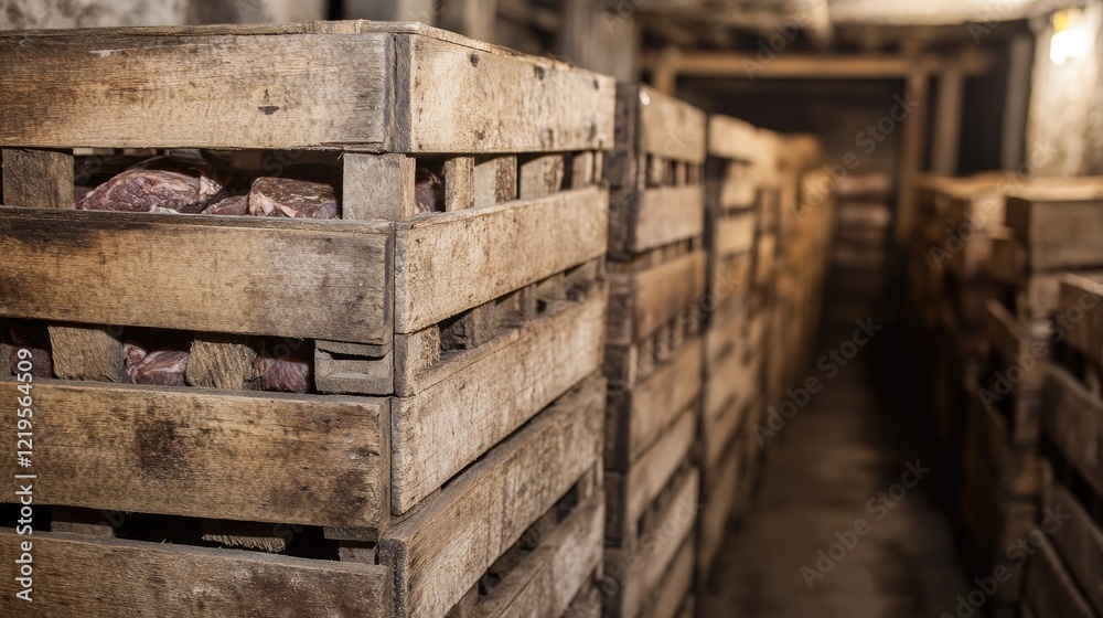 Rows of wooden meat crates in various sizes, arranged in a cold storage room for shipping. Rows of wooden meat crates in various sizes, arranged in a cold storage room for shipping.
