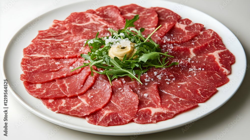 Close-up of Exquisite Beef Carpaccio Thinly Sliced and Arranged Close-up of Exquisite Beef Carpaccio Thinly Sliced and Arranged