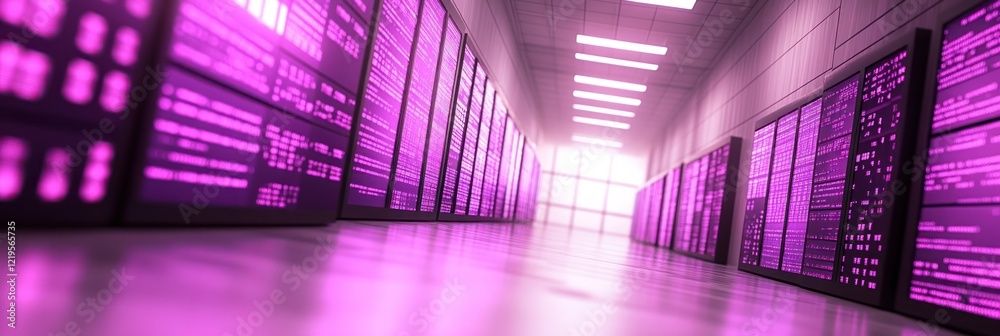 Fototapeta premium Long corridor lined with data servers glowing in vibrant purple light, showcasing technology