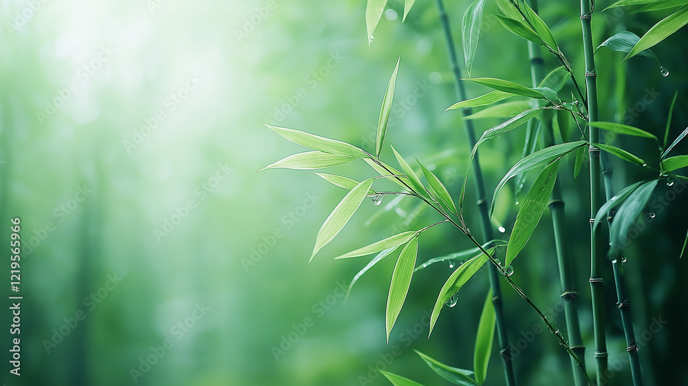 Obraz premium Lush green bamboo leaves with dew drops glistening in sunlight