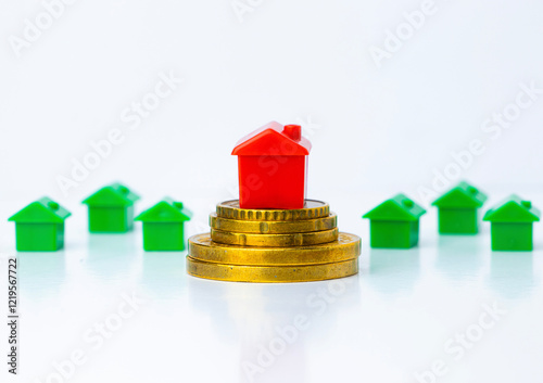 Miniature houses sit atop gold coins, representing real estate investment, property value, and financial growth. The image symbolizes market trends, homeownership, and the economy's impact on housing