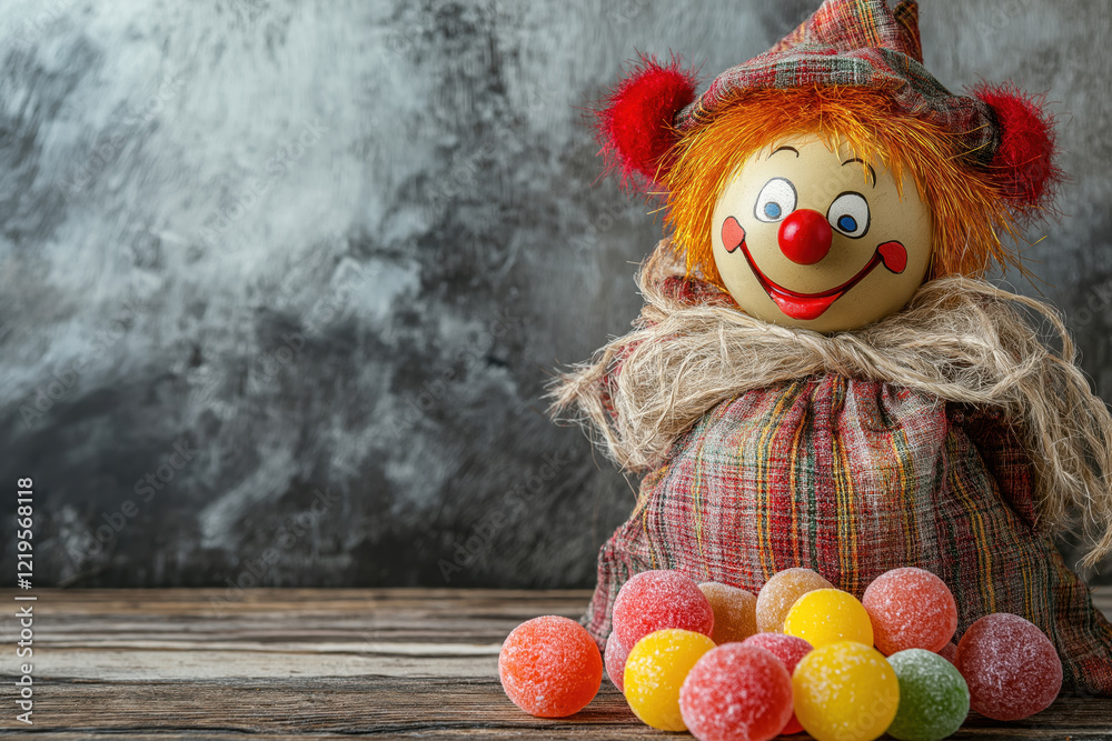 Fototapeta premium Clown toy and colorful candies for Jewish holiday Purim on wooden and marble background. Free space for text.