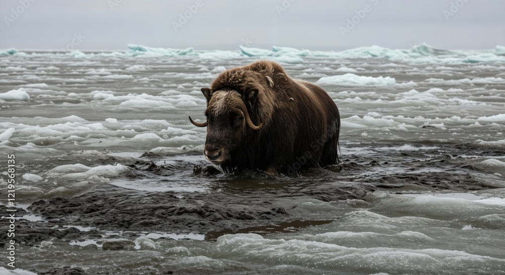 Majestic musk ox standing amidst frozen arctic seascape with ice and snow in the background Majestic musk ox standing amidst frozen arctic seascape with ice and snow in the background