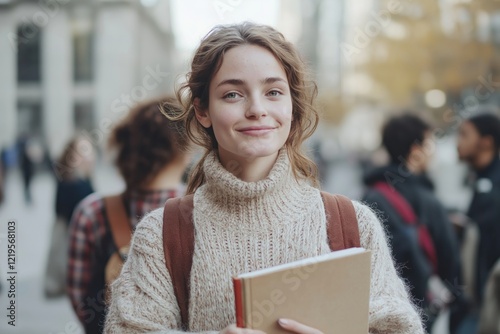 Happy female student walks on university campus holding book. Smiling, looking at camera. Casual atmosphere, fall season. City background visible. Lifestyle photo of college student. Young woman