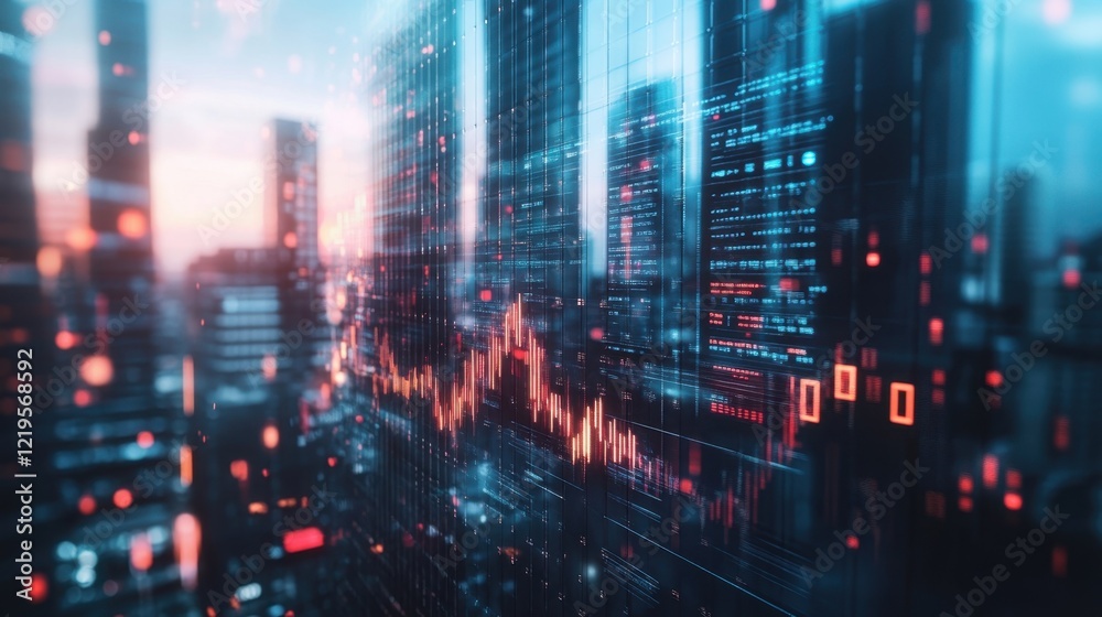 Futuristic stock exchange data showing growing chart with coding and programming data visualized on a glass building with blurred city lights in the background Futuristic stock exchange data showing growing chart with coding and programming data visualized on a glass building with blurred city lights in the background