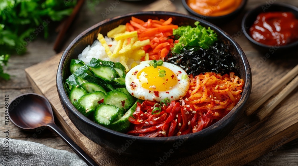 Image of rice and Korean bibimbap with vegetables and egg in a traditional Korean bowl, emphasizing vibrant and balanced qualities. Ideal for Korean cuisine and healthy meals. Image of rice and Korean bibimbap with vegetables and egg in a traditional Korean bowl, emphasizing vibrant and balanced qualities. Ideal for Korean cuisine and healthy meals.