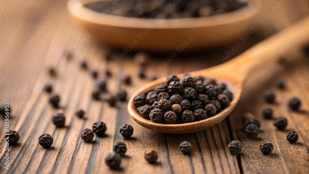 Wooden Spoon with Black Peppercorns on Wooden Surface Wooden Spoon with Black Peppercorns on Wooden Surface