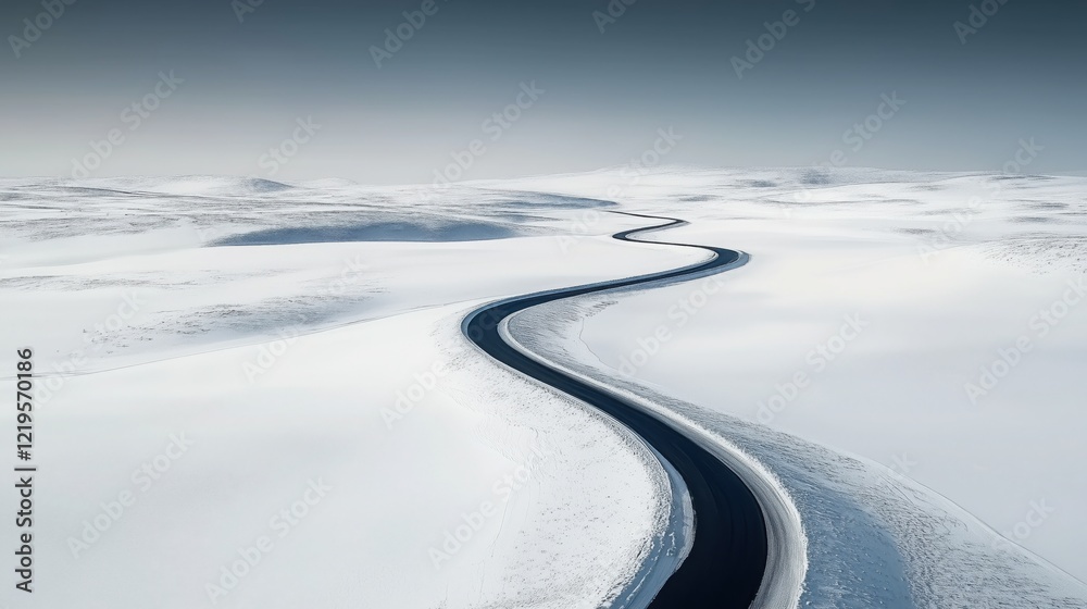 Winding roads meander through a vast, snowy landscape, creating a striking contrast against the pristine white expanse beneath a blanket of clouds in the sky Winding roads meander through a vast, snowy landscape, creating a striking contrast against the pristine white expanse beneath a blanket of clouds in the sky