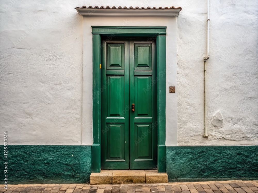 Fototapeta premium Urban Exploration: Dark Green Door on White Wall - Stock Photo