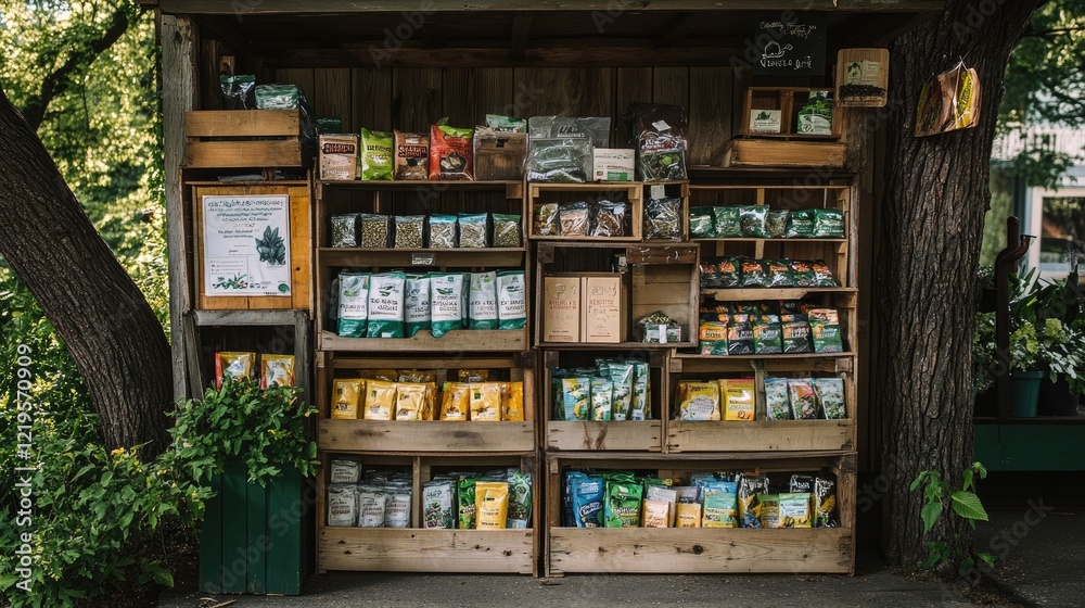 Wooden crates stacked high with assorted seed packets, ready for delivery. Wooden crates stacked high with assorted seed packets, ready for delivery.