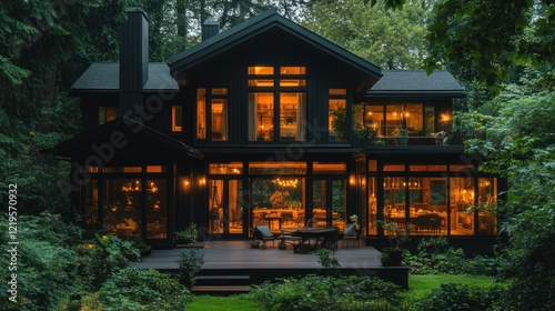Large dark-painted house with a sunroom and a view of a dining room and deck, surrounded by lush greenery and illuminated by warm lights