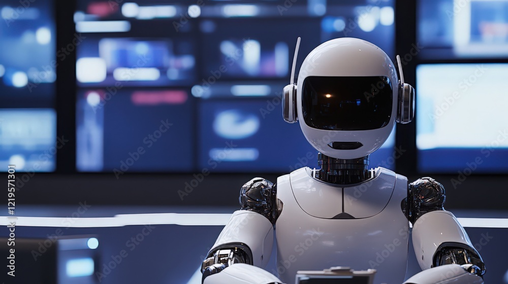 A white humanoid robot with a dark visor is positioned in front of multiple monitors displaying various graphics A white humanoid robot with a dark visor is positioned in front of multiple monitors displaying various graphics