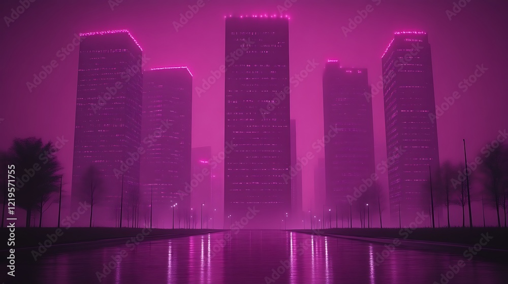 Obraz premium Pink Cityscape Night Fog Illuminated Towers