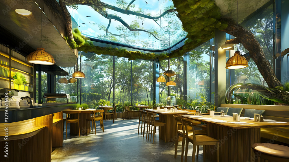 Fototapeta premium Modern Restaurant with Indoor Garden and Panoramic Windows