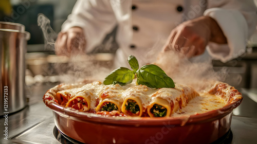 Close-up view of a delicious cannelloni dish freshly baked and garnished photo