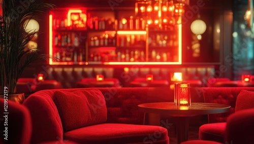 The bar area with comfortable seating and luxurious red lights creates a comfortable atmosphere.