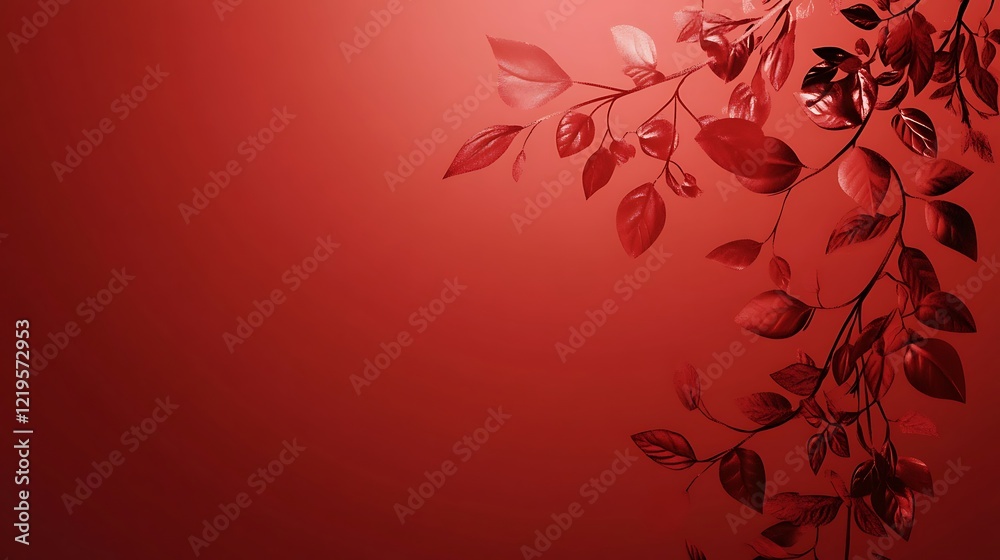 Crimson Leaves Branch Against Red Background Crimson Leaves Branch Against Red Background