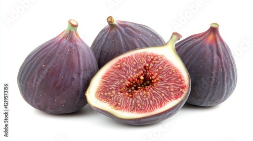 Ripe figs, cut open, studio shot, white background, food photography