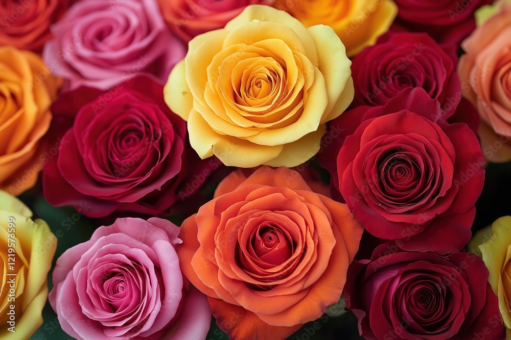 Closeup view of colorful roses. Bunch of roses in various shades of red pink orange, yellow. Vibrant colors create romantic, beautiful image. Perfect for Valentine Day anniversary occasion. Floral Closeup view of colorful roses. Bunch of roses in various shades of red pink orange, yellow. Vibrant colors create romantic, beautiful image. Perfect for Valentine Day anniversary occasion. Floral