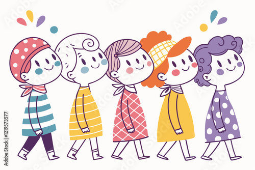 Colorful cartoon characters, minimalist design, simple shapes, diverse group, happy smiling faces, pastel colors, blue, pink, yellow, orange, purple, geometric patterns, stripes, plaid