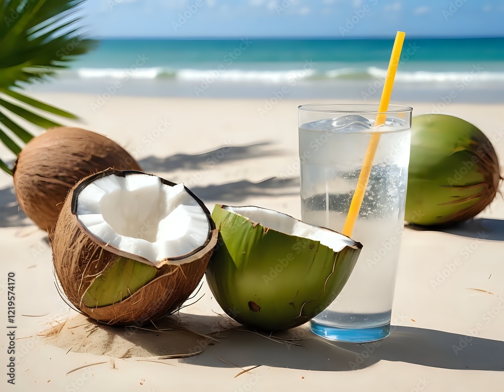 Tropical Beach Coconuts: Sunlit Refreshment in a Vibrant Scene Tropical Beach Coconuts: Sunlit Refreshment in a Vibrant Scene