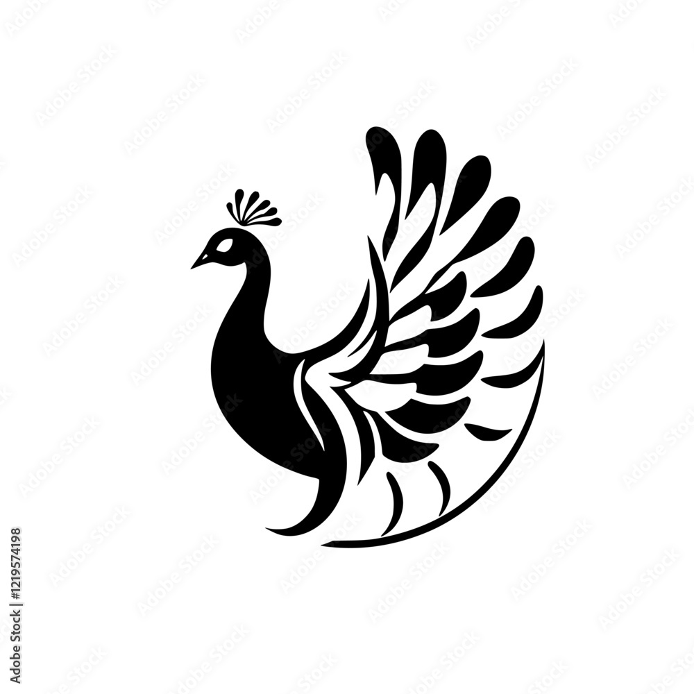 Obraz premium Elegant Peacock Silhouette: Black and White Bird Design, Perfect for Nature and Wildlife Lovers. A Stunning Vector Graphic, Ideal for Logos, Icons, and Illustrations.