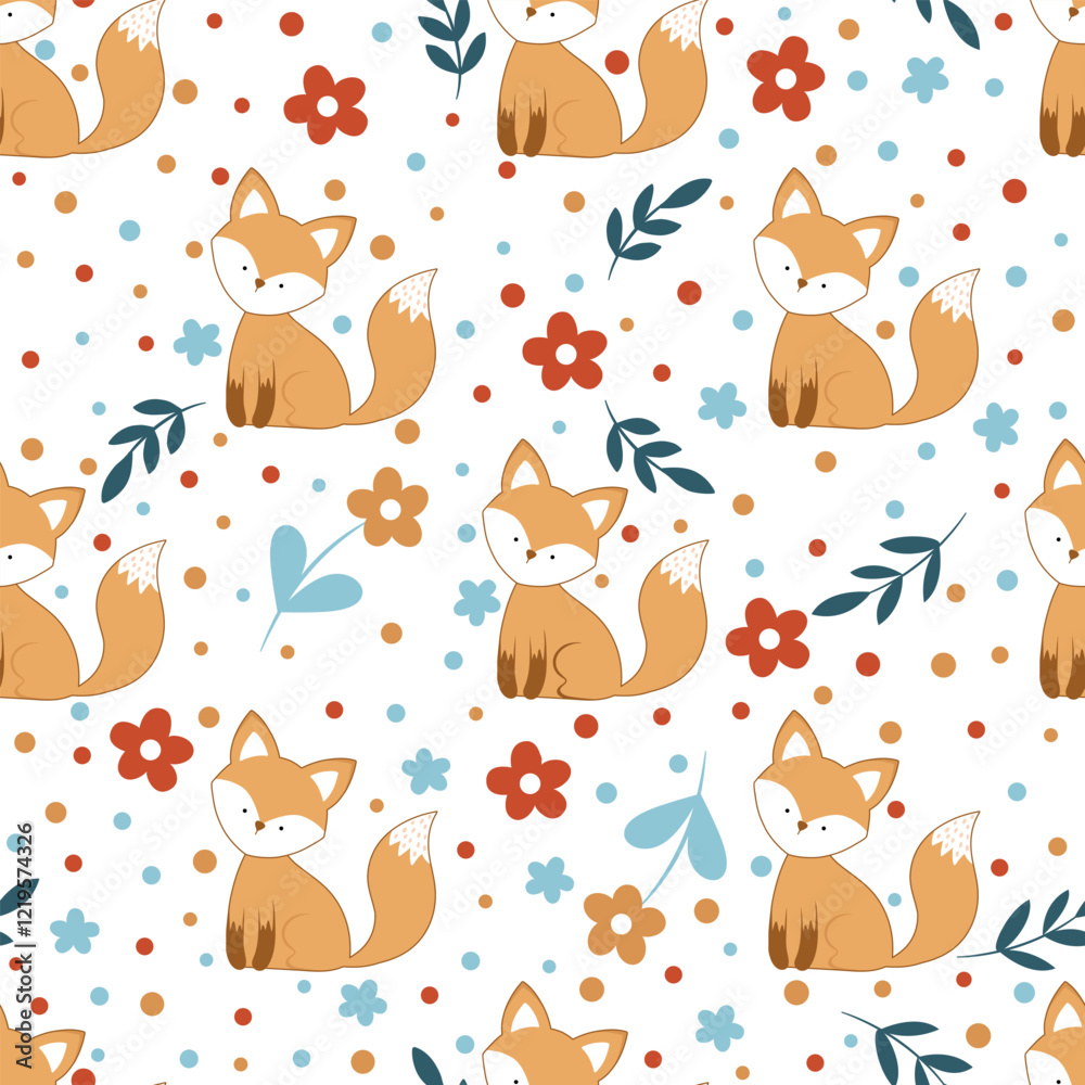 Seamless pattern with a cute foxes, flowers and leaves. Seamless pattern with a cute foxes, flowers and leaves.