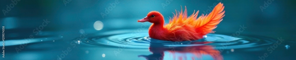 Fototapeta premium Colorful feather floats on a serene blue surface, feathers water drops blue nature, ornamental