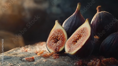 Ripe figs halved, on rustic surface, sunlit background, food photography