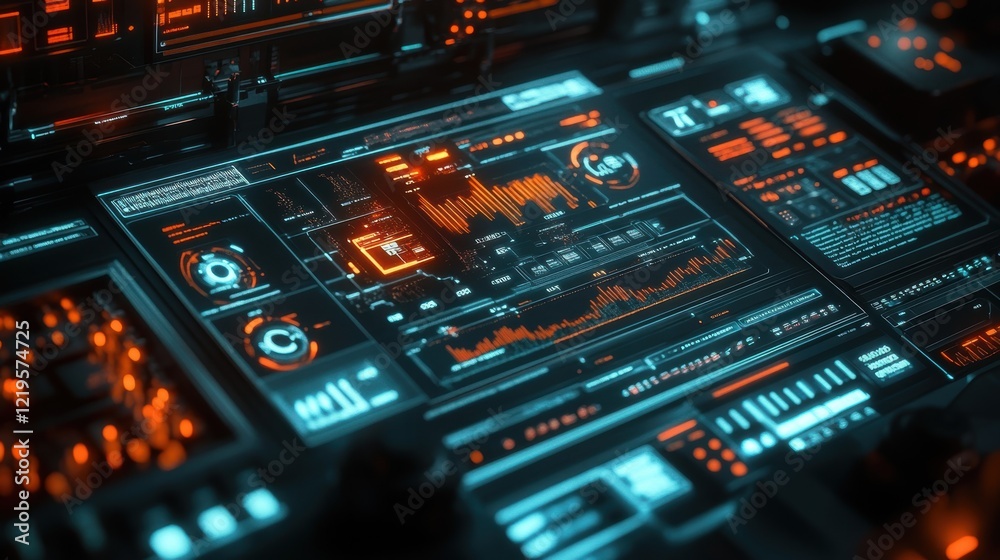 A close shot of a digital console interface with icons representing various manufacturing metrics all connected to a central cloud platform emphasizing data sharing and collaboration. A close shot of a digital console interface with icons representing various manufacturing metrics all connected to a central cloud platform emphasizing data sharing and collaboration.