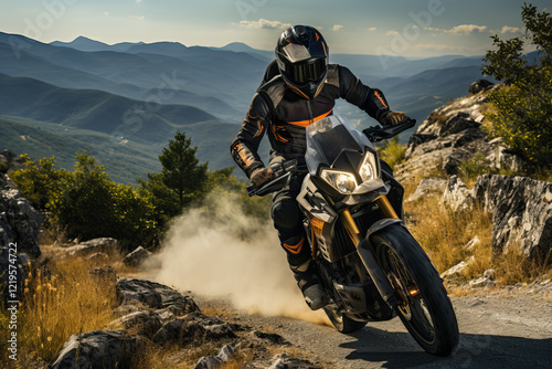 Motorcyclist on adventure bike rides through mountain pass, dust flying behind.