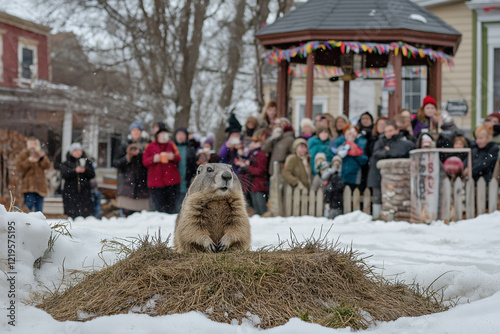 Groundhog Day Celebration in Town Square: Groundhog Emerging from Burrow