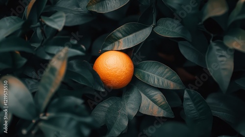 Ripe orange hidden amongst lush green leaves in orchard
