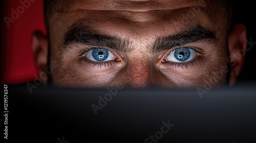 A man with blue eyes looking at a laptop computer