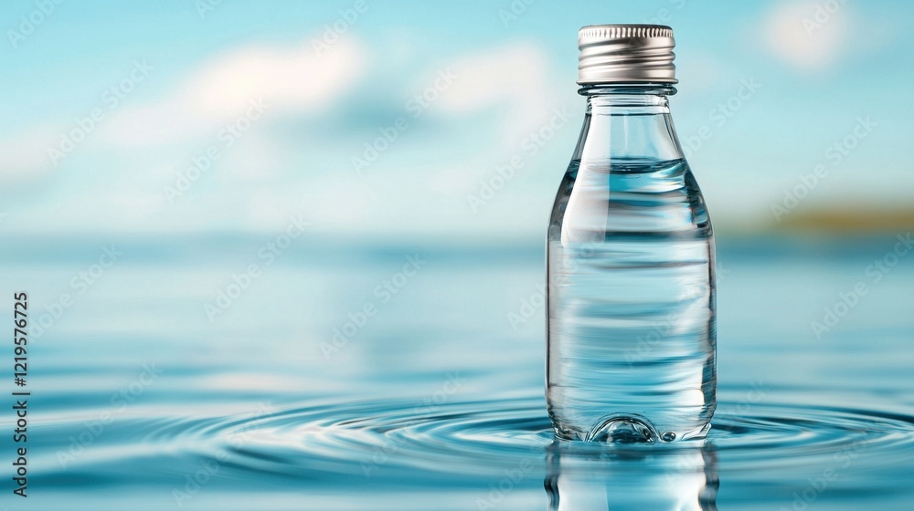 A bottle of water sitting on top of a body of water A bottle of water sitting on top of a body of water
