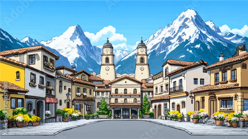 Charming vector illustration of a picturesque european village nestled amidst the breathtaking snowy peaks of the alps