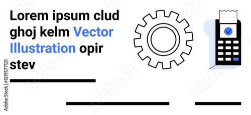 Gear symbol and receipt generating device with checkmark icon form key visuals. Ideal for technology, business automation, financial transactions, e-commerce, software solutions, progress tracking