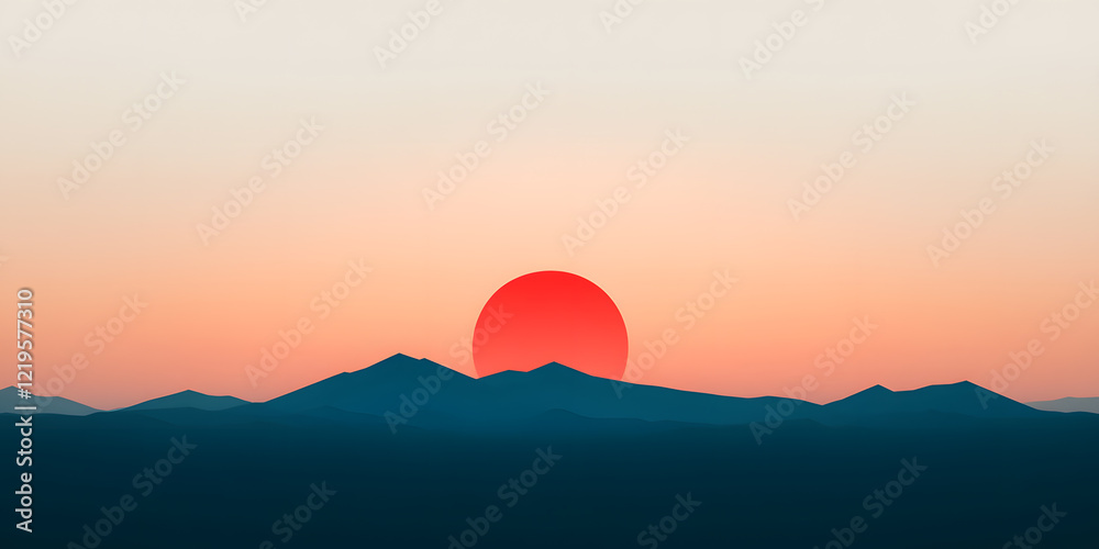 Serene sunset landscape with a large, red sun descending behind a silhouette of mountains. Peaceful and minimalist scene. Serene sunset landscape with a large, red sun descending behind a silhouette of mountains. Peaceful and minimalist scene.