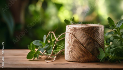 A spool of natural brown twine sits on a wooden surface surrounded by fresh green leaves and a blurred natural background. copy space photo