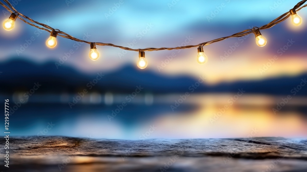 Fototapeta premium A string of light bulbs hanging over a body of water