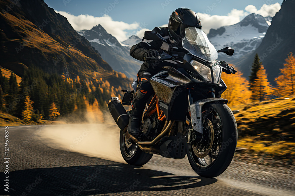 Obraz premium Motorcyclist riding through scenic mountain pass. Adventure awaits.