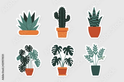 Six potted plants stickers featuring various houseplants photo