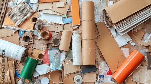 A collection of assorted cardboard materials and tubes scattered on a surface.