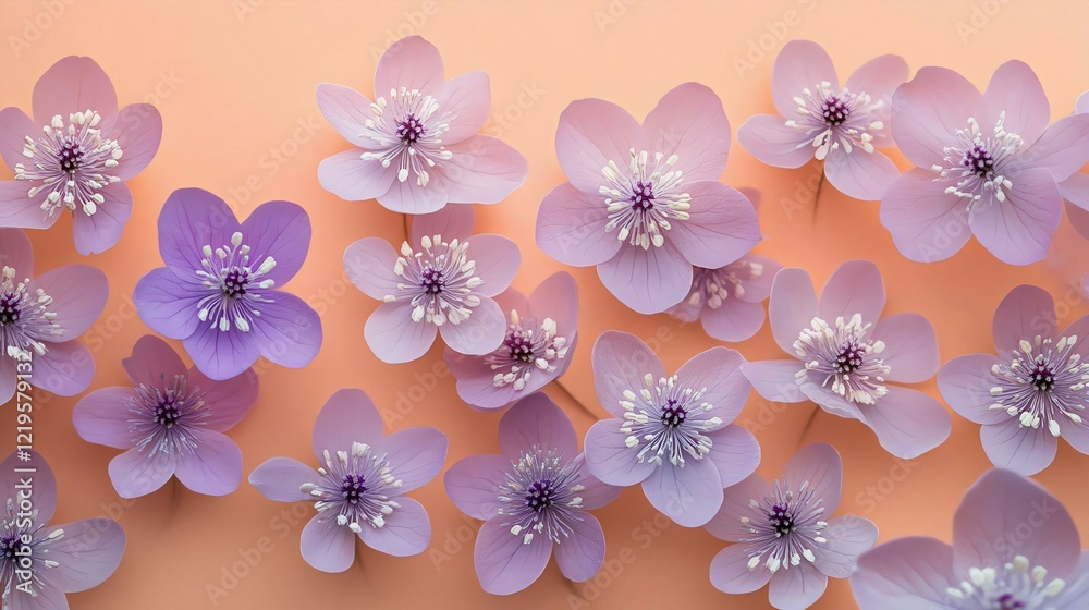 Elegant hepatica flowers on the right against a soft peach to pale lavender gradient, capturing the essence of spring flora in a 16:9 composition. Elegant hepatica flowers on the right against a soft peach to pale lavender gradient, capturing the essence of spring flora in a 16:9 composition.