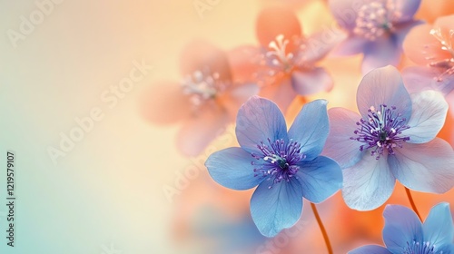 Vivid blue and lavender hepatica flowers stand out against a gradient background of light teal to pastel orange, evoking warmth and tranquility.