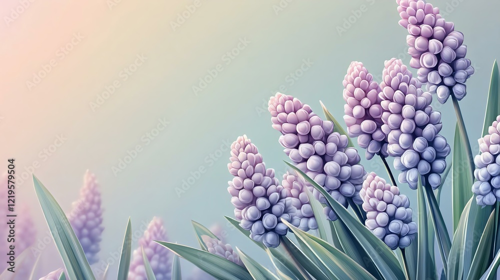 Fototapeta premium Intricate illustration of muscari blossoms with a soft lilac and misty green gradient background, showcasing elegance and natural beauty.
