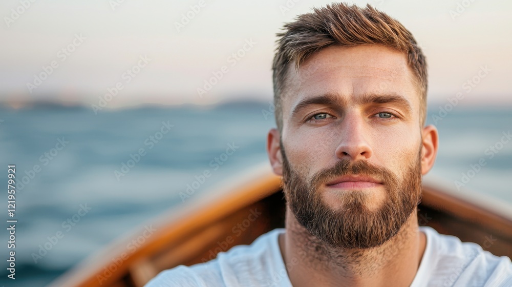 A man with a beard sitting in a boat looking at the camera A man with a beard sitting in a boat looking at the camera